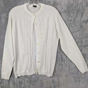 Vtg Eileen Cardigan Sweater Womens Large White Diamond Knit Made in Poland